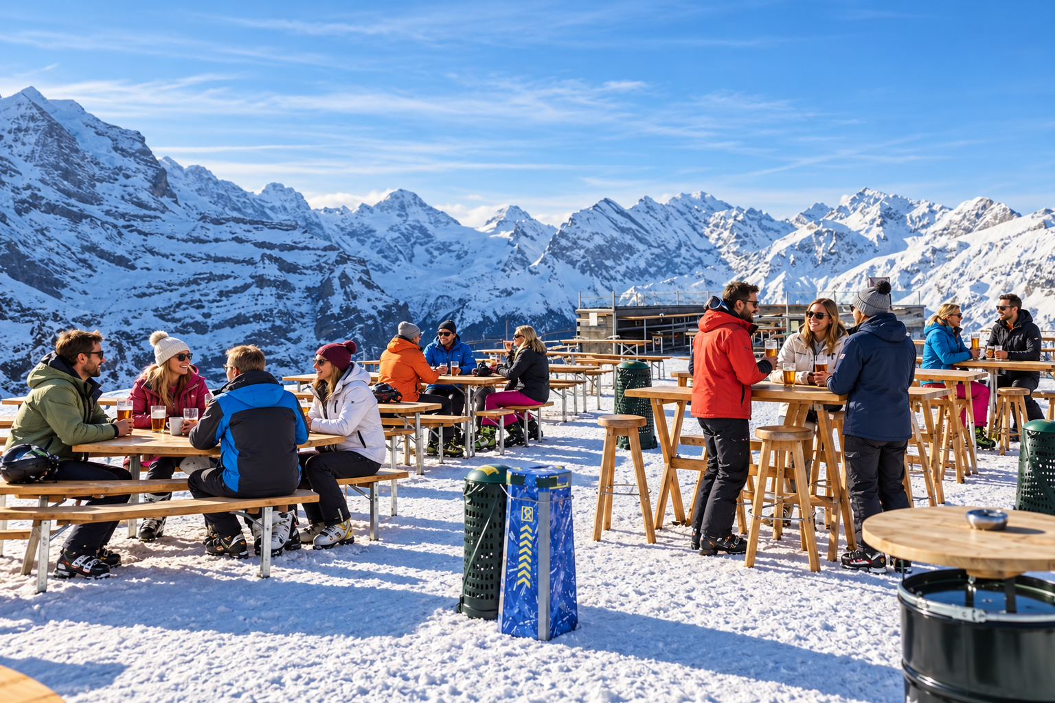Après-ski gathering on an outdoor patio beside the slopes in Steamboat