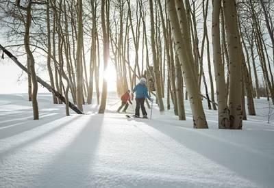 Children in ski gear exploring a wooded learning area at Beaver Creek